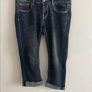 Blue Ankle Cropped Jeans with Contrast Stitching